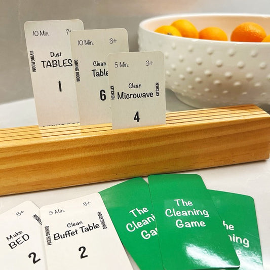 Cards are marked with expected cleaning time, age range (e.g., "3+" means 3 and up), and optimal sequence to clean.