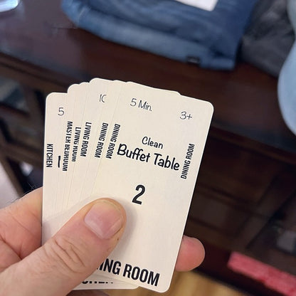 Cards have their respective room on the side so you can put them next to each other and see which ones need to be done for that room.