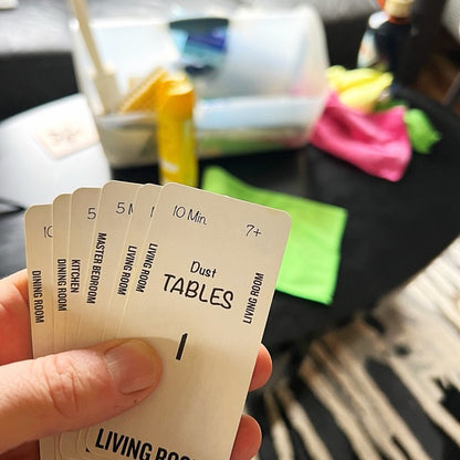 Each card has a big number in the center that tells you the ideal cleaning sequence. Kids don't even have to think about what they need to do next.